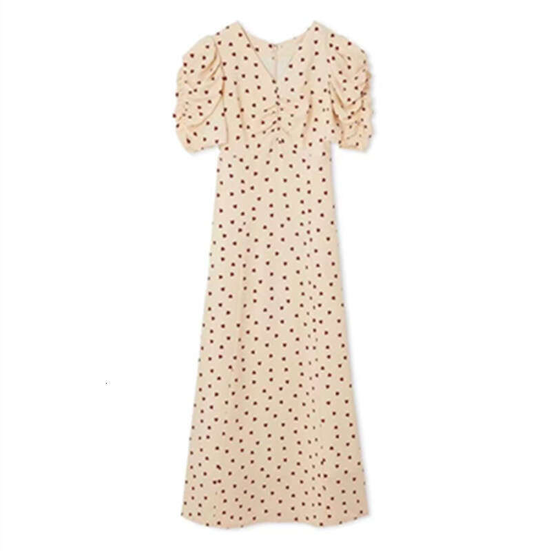 2026 spring and summer new designer casual women's V-neck heart-shaped printed bubble sleeve tea skirt