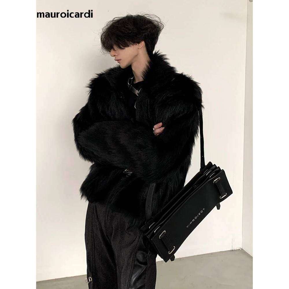 Mauroicardi Winter Short Cool Thick Warm Soft Black Hairy Faux Fox Fur Coat Men Long Sleeve Luxury Fluffy Jacket 2023 Z260313