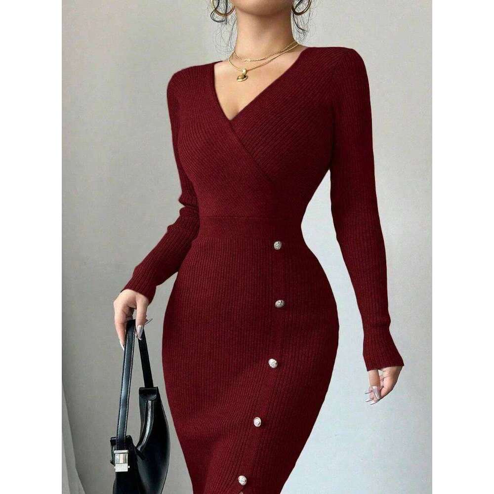 Spring Autumn Sexy Deep V-Neck Knit Dress for Women Button Long Sleeve Sweater Woman Sid Slit Budycon Dresses Ladies Clothing Z260313