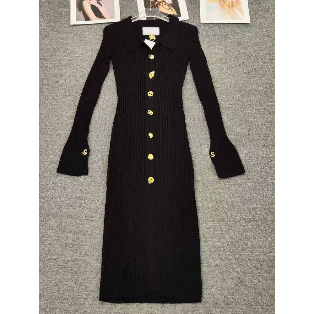 Retro solid color lapel single-breasted long-sleeved slim knit elastic autumn and winter new temperament hip dress Z260314