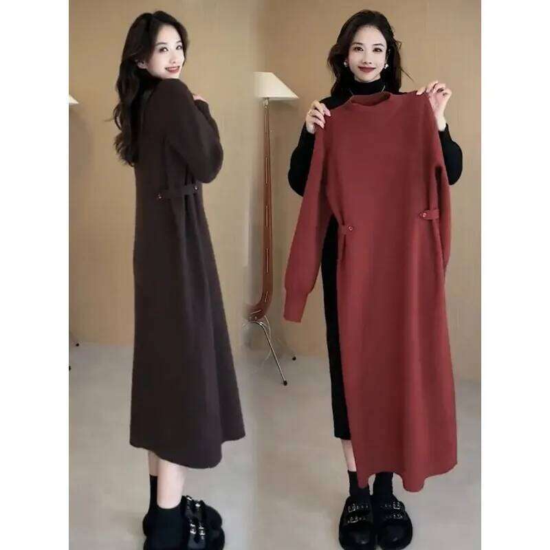 High-end Button Waist Design Thickened Sweater Women's Knee-length Mid-length Bottoming Knitted Dress Autumn and Winter Z260314