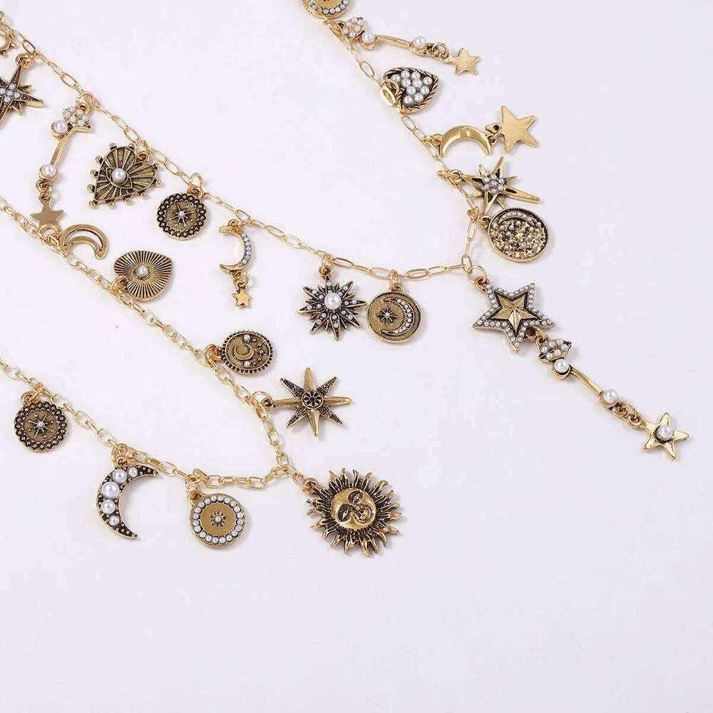 Zvoijio Personalized Trendy Retro Gold Color Alloy Sun Moon Star Chain Necklace for Women H260312