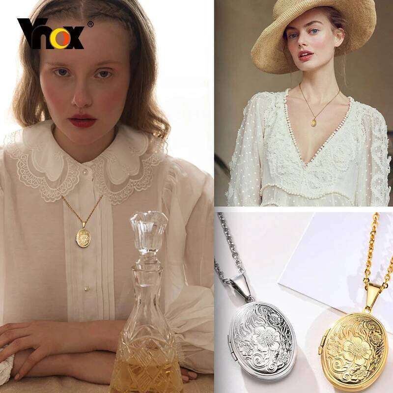 Vnox Monogram Floral Oval Heart Locket Pendant Necklaces for Women Men, Stainless Steel Photo Frame Promise Keepsake Collar H260312