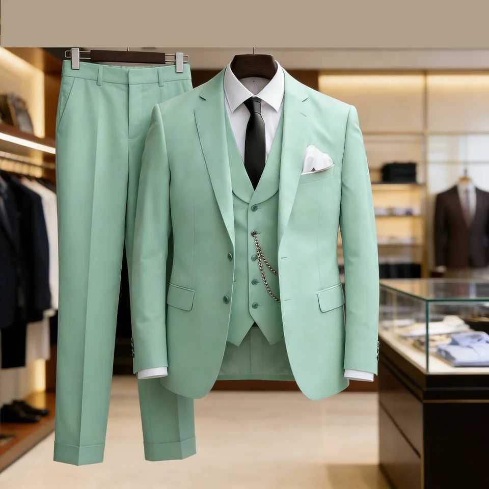 Elegant Mint Green 3 Piece Mens Suit Groom Tuxedos Business Suits Slim Fit Notch Lapel Blazer Vest Pants for Wedding Party Prom M260313
