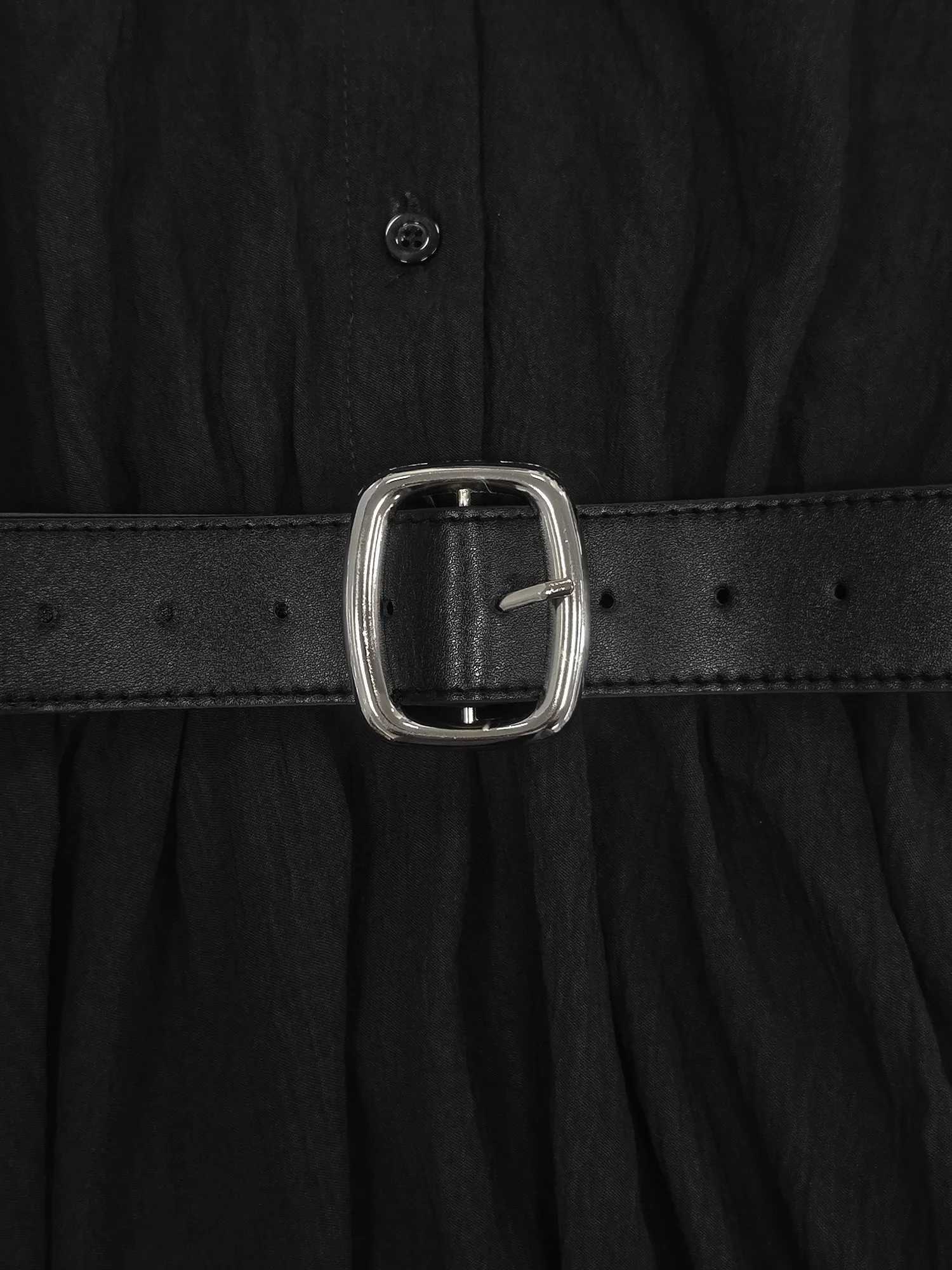 Womens Black Textured Maxi Dress with Stand Collar Button Placket and Matching BeltT260316