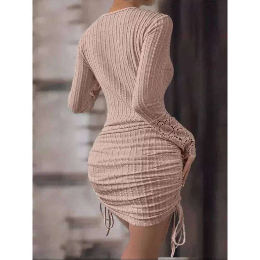 Autumn New Women's Round Neck Long Sleeved Sexy Spicy Girl Tight Fitting Hip Hugging Dress With Adjustable Side Drawstring Z260313