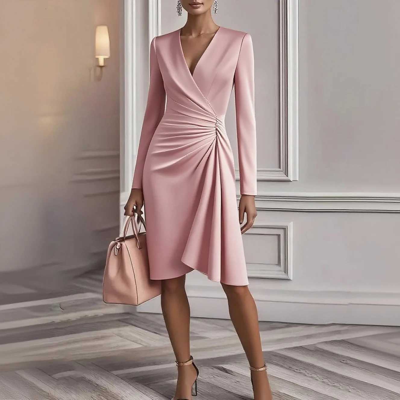 Womens Chic Ruched Wrap V Neck Midi Dress Long Sleeve Asymmetric Hem Formal Gown for Elegant Office Work CommuteT260314