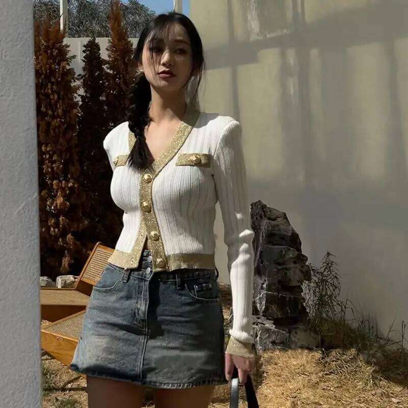 2024 Autumn Winter New Trend Buttons V-neck Long Sleeve Knitting Sweater Women Clothing Fashion Patchwork Cardigan Coat Top Tee Z260313