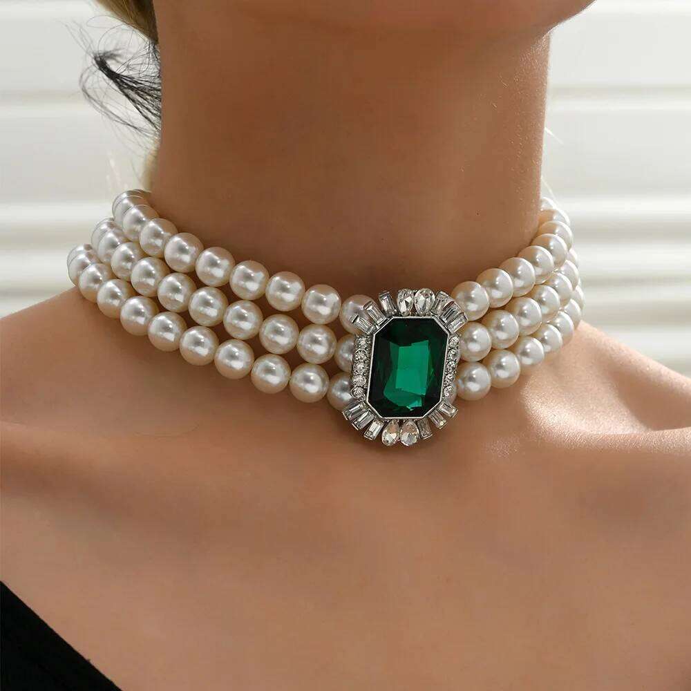 KMVEXO Multi Layered Simulated Pearl Green Crystal Choker Collar Statement Boho Clavicle Chain Necklace Women Jewelry H260312
