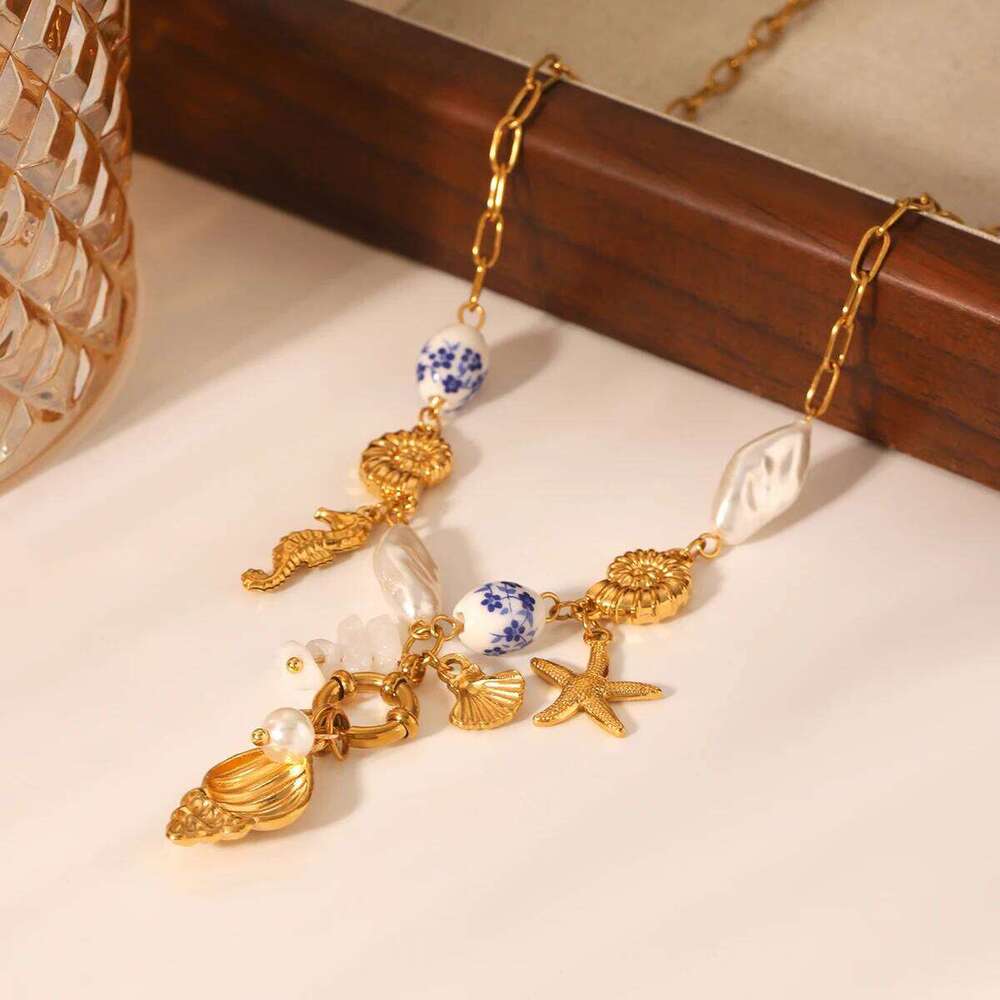 Sea Breeze Conch Freshwater Pearl Pendant Waterproof Stainless Steel Necklace Charms Women Accessories Gifts H260312