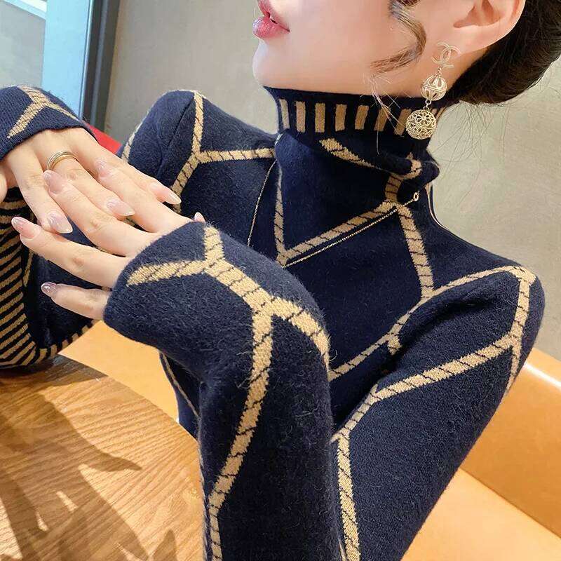 Women Clothing Fashion Turtleneck All-match Slim Sweaters Autumn Winter Elegant Chic Geometric Knit Pullovers Lady Casual Tops Z260313