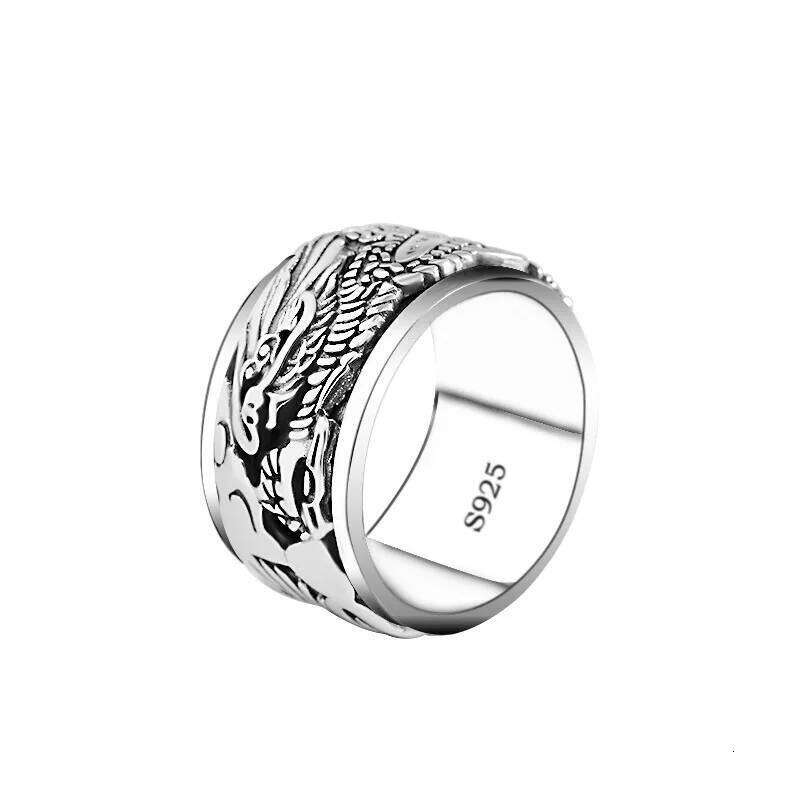Handmade 12mm Width Real S925 Sterling Silver Lucky Double Layer Rotatable Closed Dragon Ring For Man Woman Fine Jewelry H260312