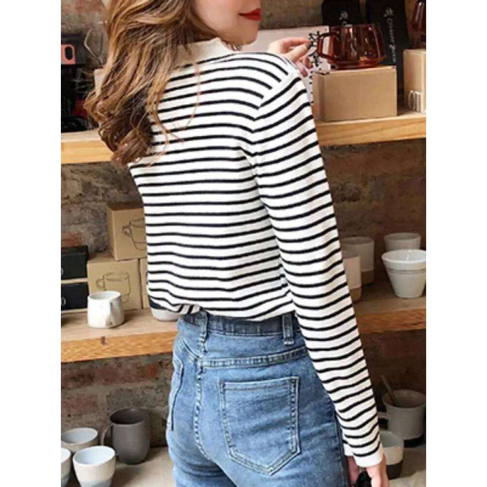 Autumn Winter Women Mock neck Sweaters Pullover Tops Fashion Female Skinny Elastic Long Sleeve Casual Striped Knitted Shirts Z260314