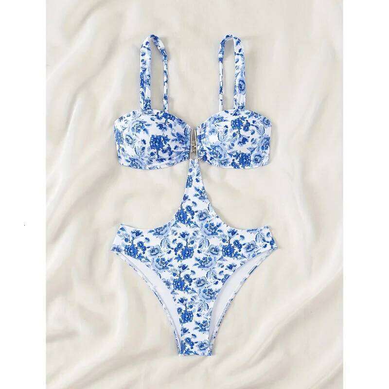 2025 Blue Porcelain Monokini Straps Bikini Bodysuit Women's Sexy Backless One-Piece Swimsuit Chinese Print Swimwear Female Y260303