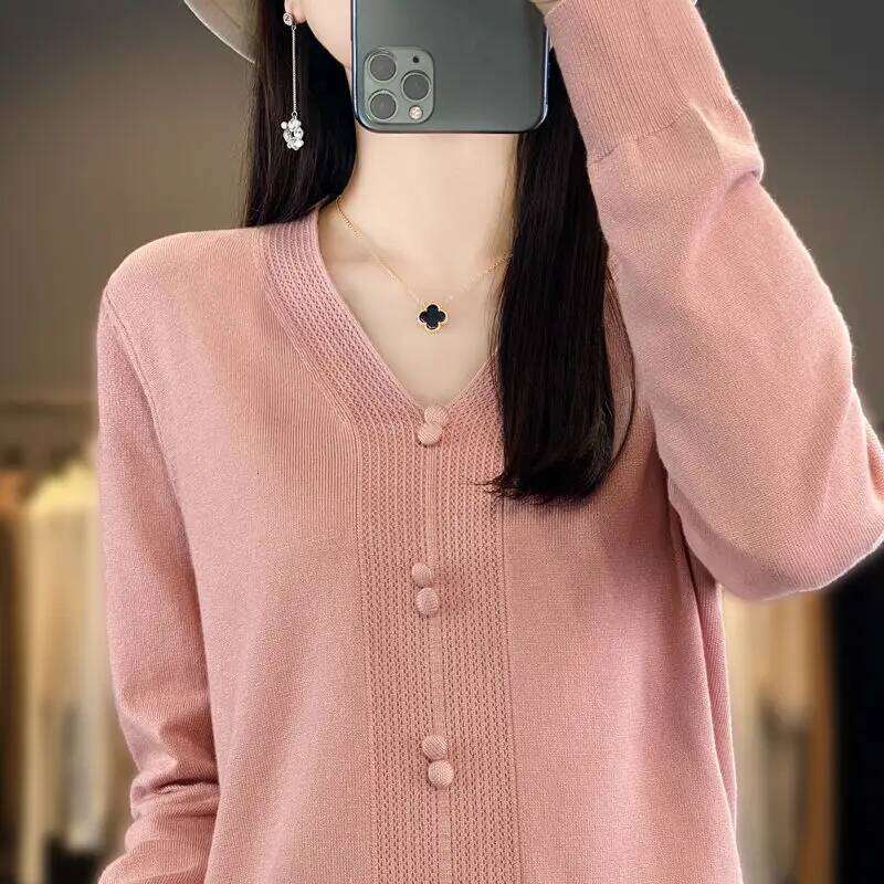Fashion V Neck Button Detail Knit Sweater Versatile Long Sleeve Pullover Top Z260313