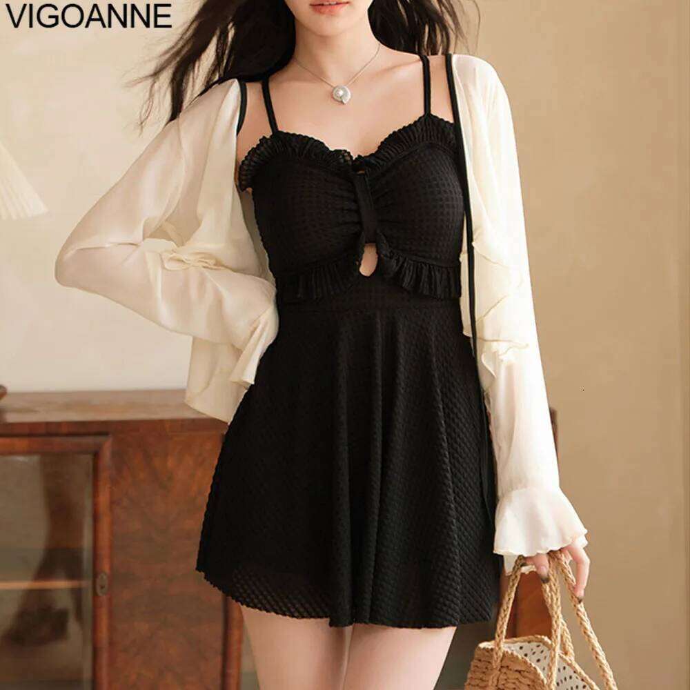 VigoAnne Korean 2 Solid Dress Swimwear Women 2026 Verge Push Up Swimsuit Sexy Hollow Monokini Beach Bathing Suit 26H0313