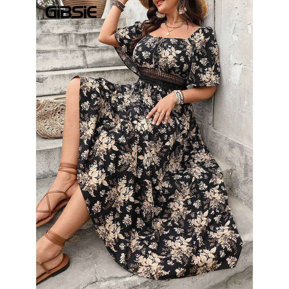 GIBSIE Plus Size Square Neck Floral Print Maxi Dress Women Summer 2025 Knot Front Hollow Out Boho Vacation Big Swing Dresses