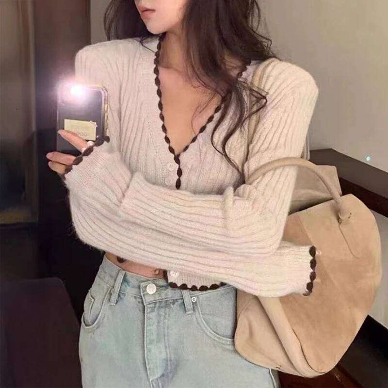 Ribbed Knit Button Up Cardigan for Women Long Sleeve Contrast Hem Crop Top Sweater Jacket Teen-girl Y2K Outfit Z260313