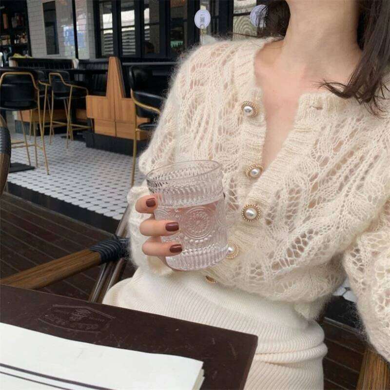 Korean Style V-neck Short Knitted Sweaters Women Thin Cardigan French mohair Fashion Sleeve Sun Protection Crop Top Ropa Mujer Z260314