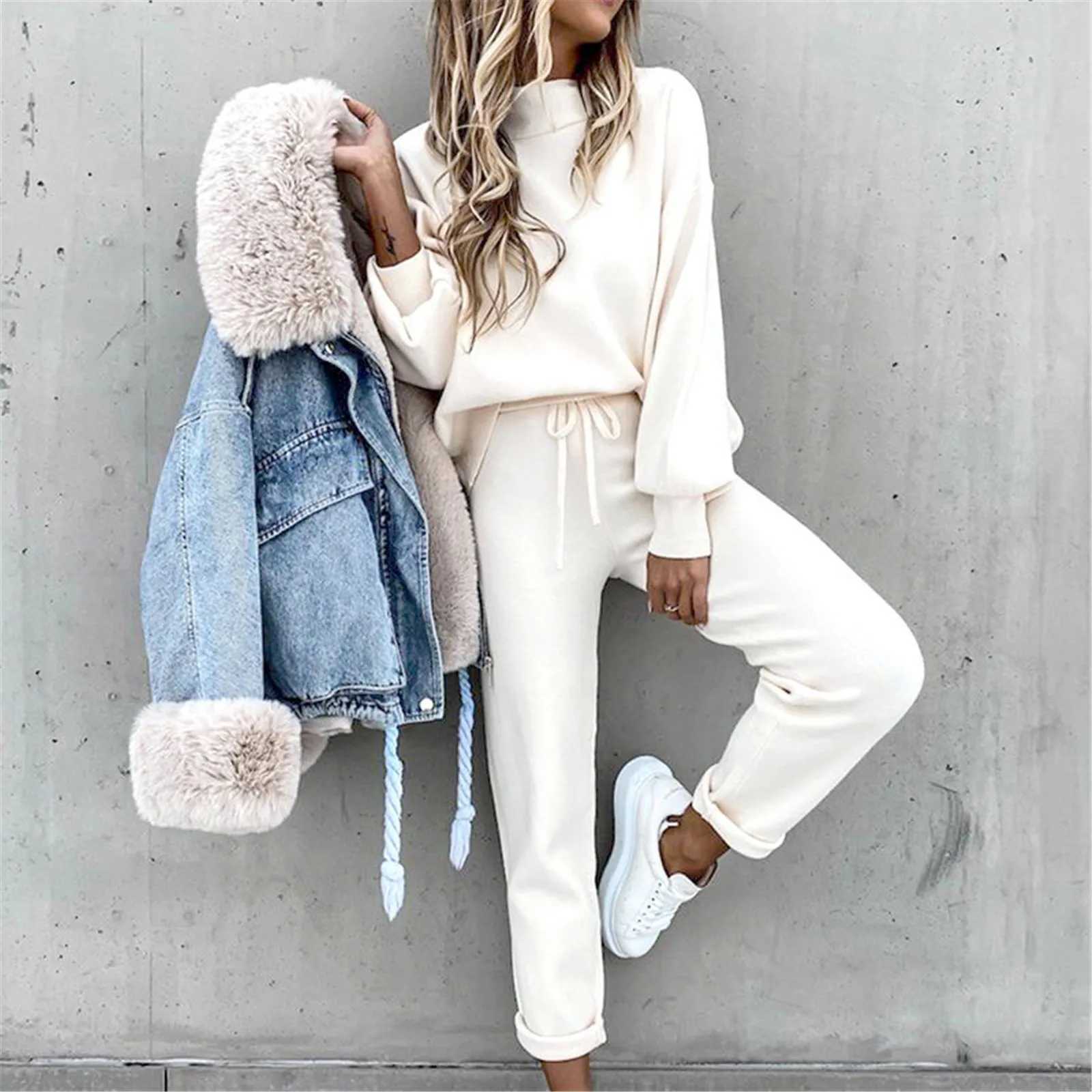 Elegant Cozy Women Two Piece Set Mock Neck Long Sleeve Top Popular Tie Waist Jogger Pants Loose Fit Comfy Casual Lounge Outfit M260313