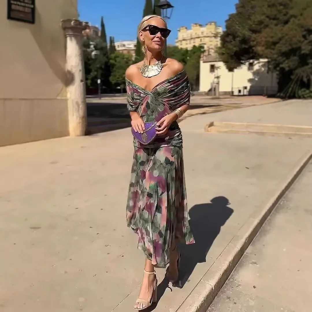 Spring Summer New Style Printed V-neck Mesh Off-shoulder Dress Womens Party Beach Vacation Formal Casual Versatile Evening DressT260314