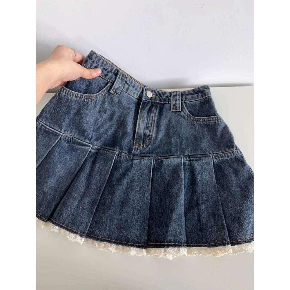 Women Blue A-line Denim Vintage Aesthetic Y2k Patchwork Lace Jean Skirt Harajuku Korean Cowboy Skirts 2000s Clothes Summer Z260314