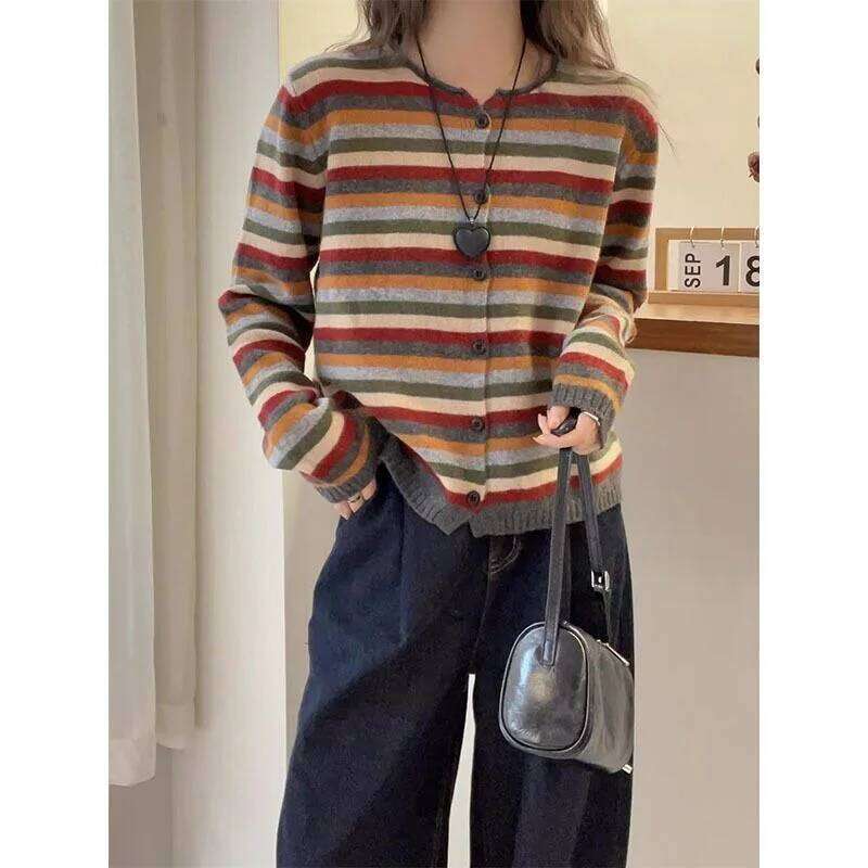Round Neck Long Sleeve Color Striped Knitted Cardigan for Women in Autumn New and Fashionable Sweater Jacket Z260313