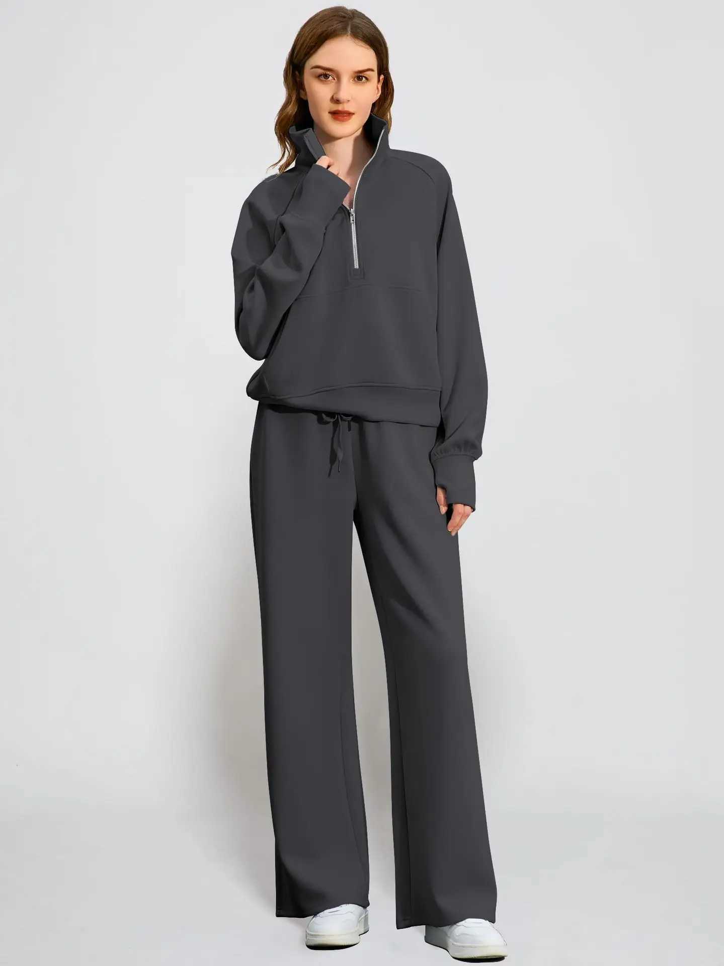 Woman Solid Color Half Zip Long Sleeve Sweatshirt and Wide Leg Pants Set Casual Sporty Two Piece Outfit M260313