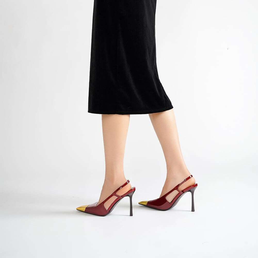 Slingback Heels For Women Metal Pointed Toe Stiletto High Pumps Slip On Shoes Geometric Heel MOJIDASHU