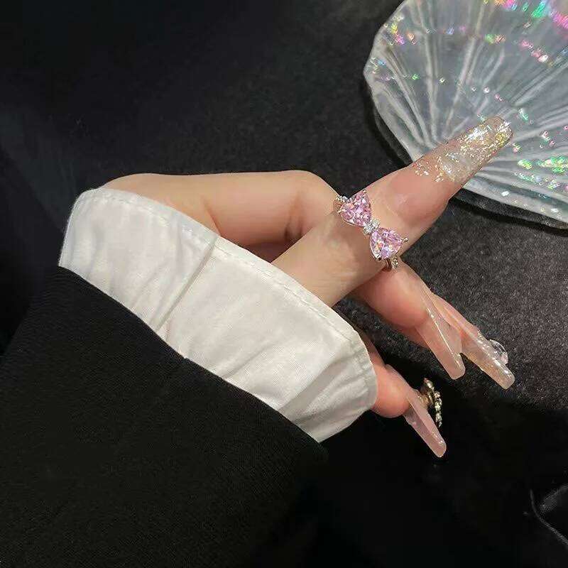Y2K Pink Crystal Bowknot Zircon Rings for Women Fashion Sweet ly Girl Open Adjustable Ring Kpop Party Jewelry Gift 2023 H260312