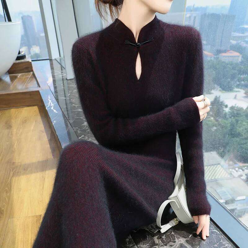 Women' 100%Pure Mink Cashmere Stand-Up Collar Buckle Slim Knit Long Skirt Fashion High Waist Over The Knee Bottoming Dress Z260313