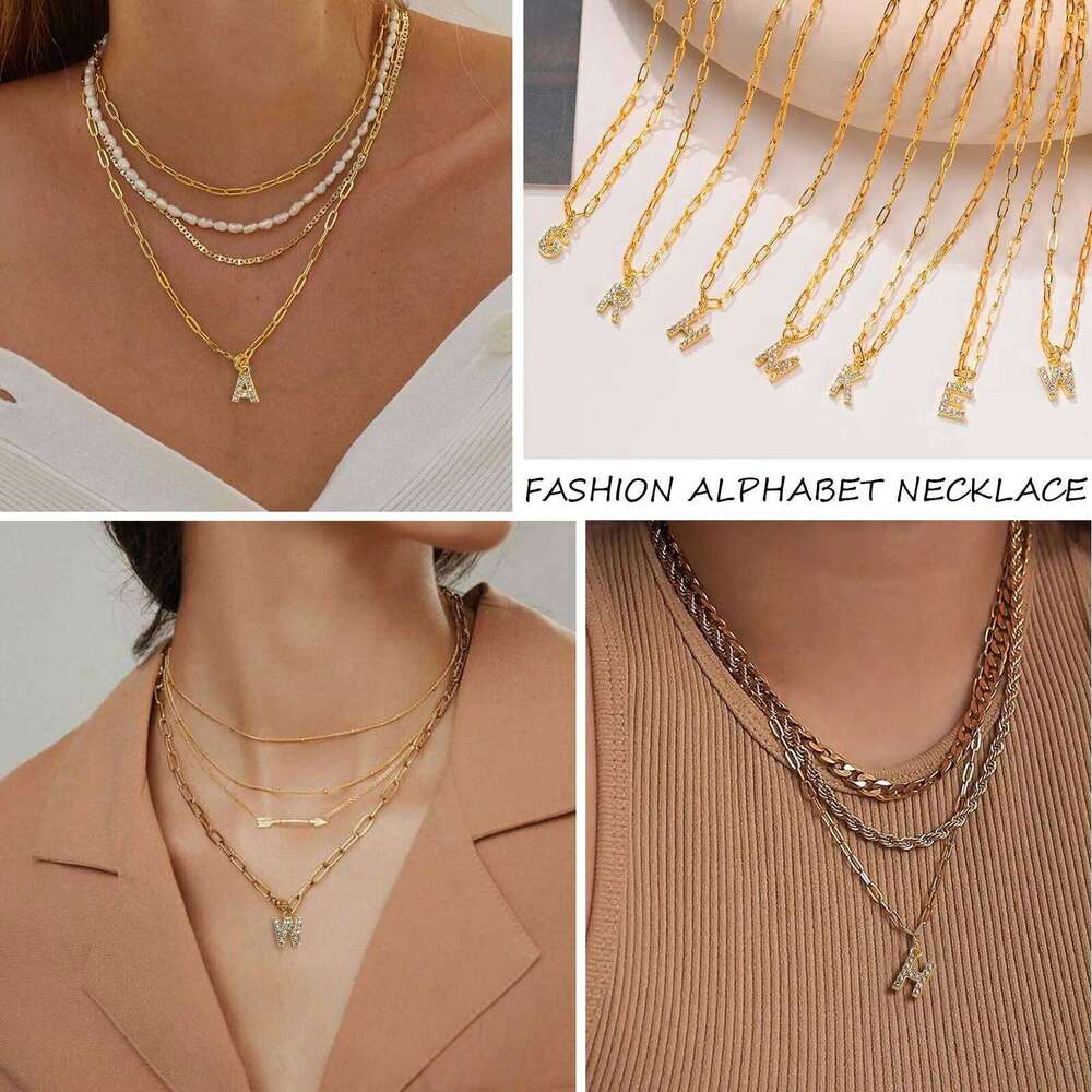 Vnox A-Z Tiny Women Initial Necklace,Small Bling Letter Girl Chain Choker,Gold Color Stainless Steel Layered Collar Pendant H260312