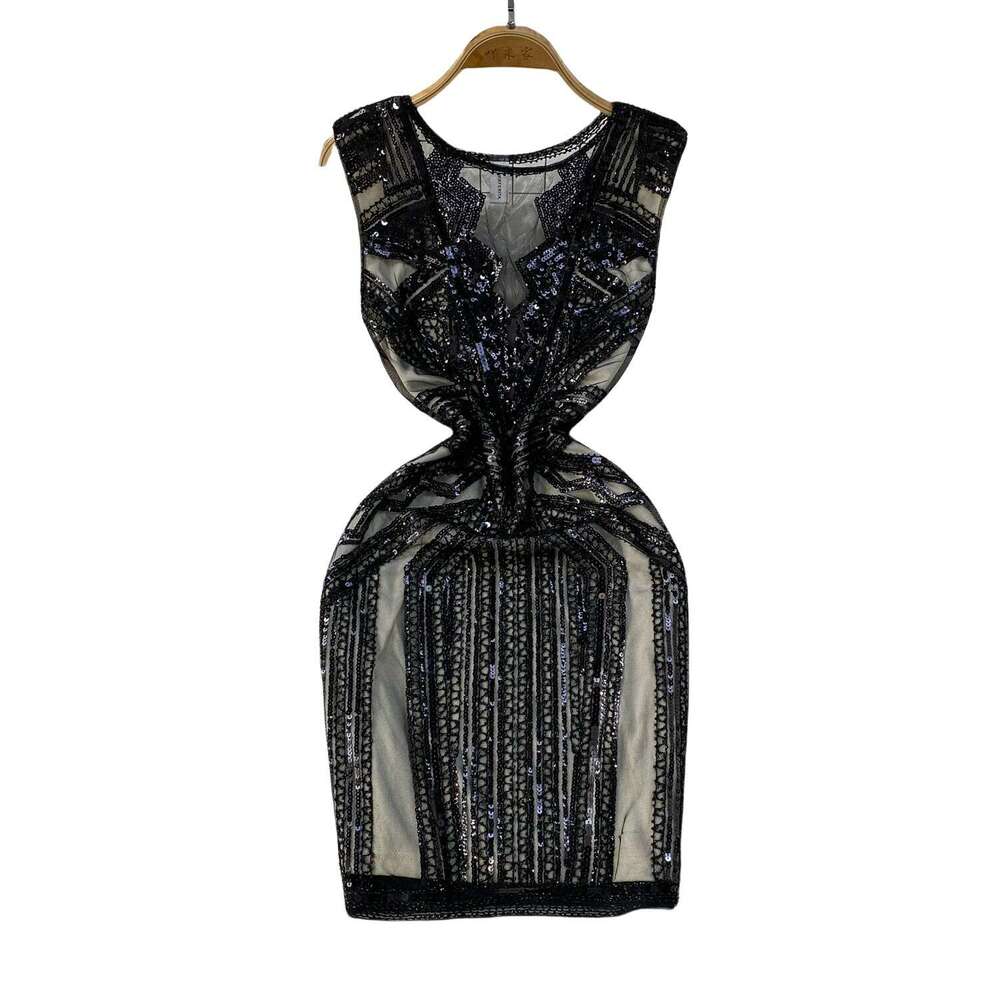 European and American mesh sequin V-neck women's sleeveless dress 2026 new high-end waist c10 cinching slimming and slimming