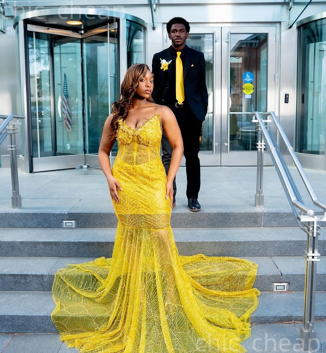 2K26 Yellow Prom Dress 2026 Mermaid Prom Dress Appliques Beaded Sweetheart Sequined Evening Dresses Birthday Party Formal Receiption Gowns Dresses ZJ0