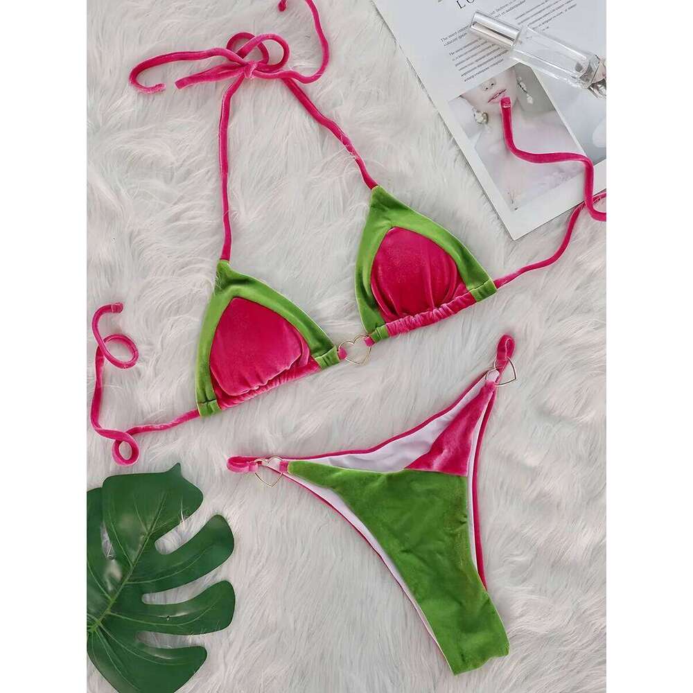 2025 Splicing Halter Velvet Female Swimsuit Women Brazilian Swimwear Two-pieces Bikini Set High Cut Bathing Suit Swim Y260303
