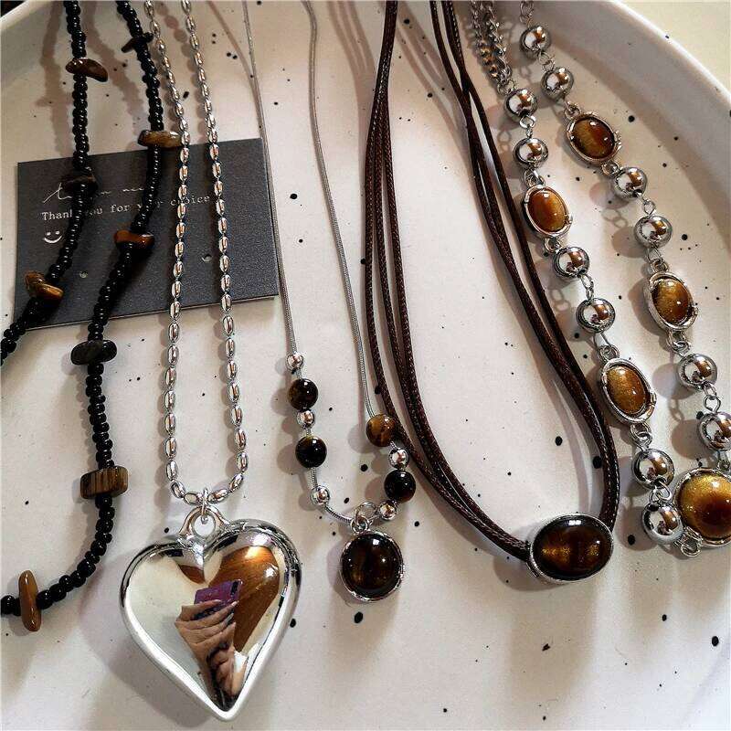 Kpop Trendy Punk Vintage Stones Heart Pendant Necklace For Women Men Gothic Hip-Hop Fashion Aesthetic Charm Jewelry Accessories H260312