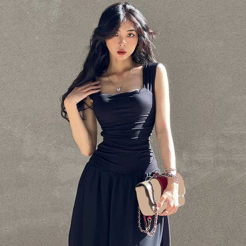 Black Wide Strap Maxi Dress for Women Summer Elegant Temperament High-Waist Party Long Dresses Sexy Ruched Bodycon Midi DressT260314