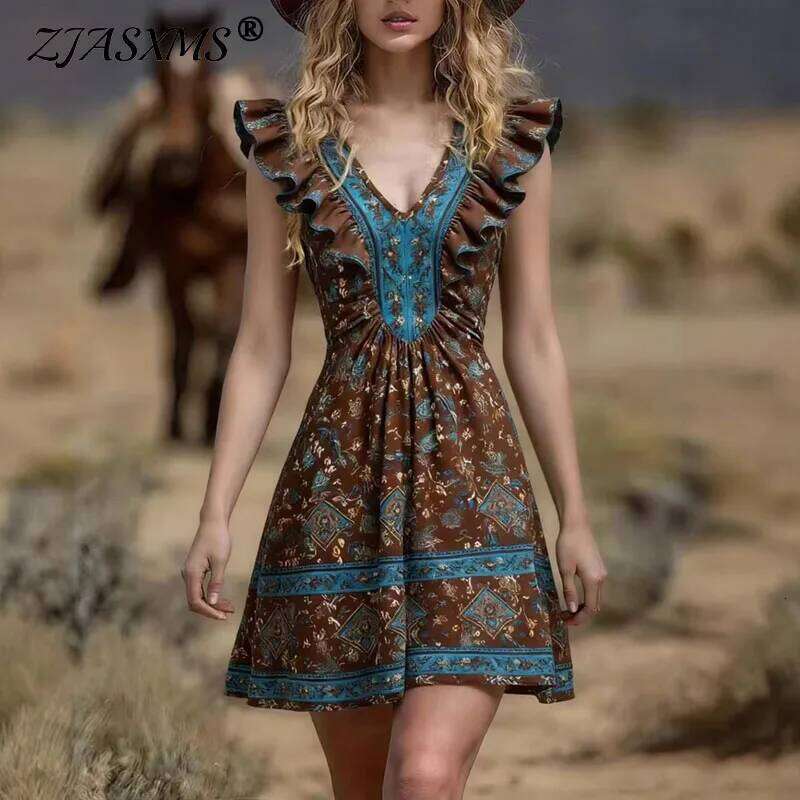 Ethnic Woman Clothes 2026 New Spring Elegant V Neck A-Line Party Dresses Summer Butterfly Sleeve Ruffle Print Mini Dress Vestido