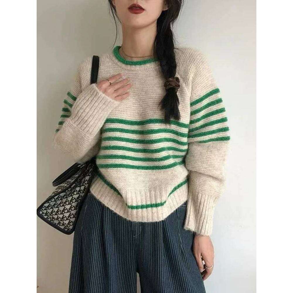 2026 Autumn Winter Warm Long Sleeve Tops Korean O-neck Striped Knitwear Sweater Women Retro Casual Versatile Pullovers Z260313