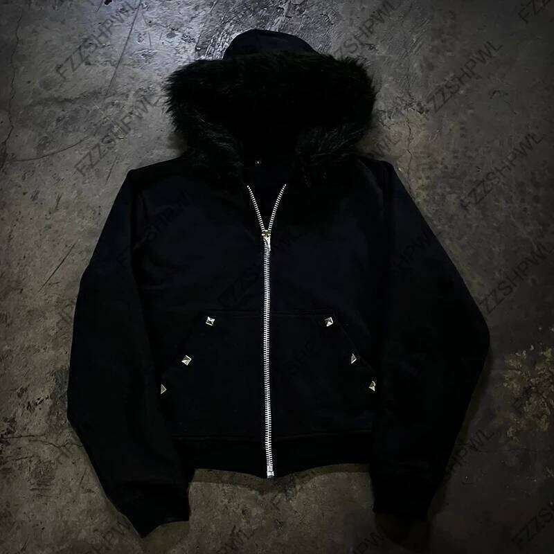 Rivet design Rock Gothic Dark Faux Fur Collar Y2K Zip up hoodie Streetwear Chic Zipper Hoodie sweatshirt Punk Hip Hop Pullover Z260314
