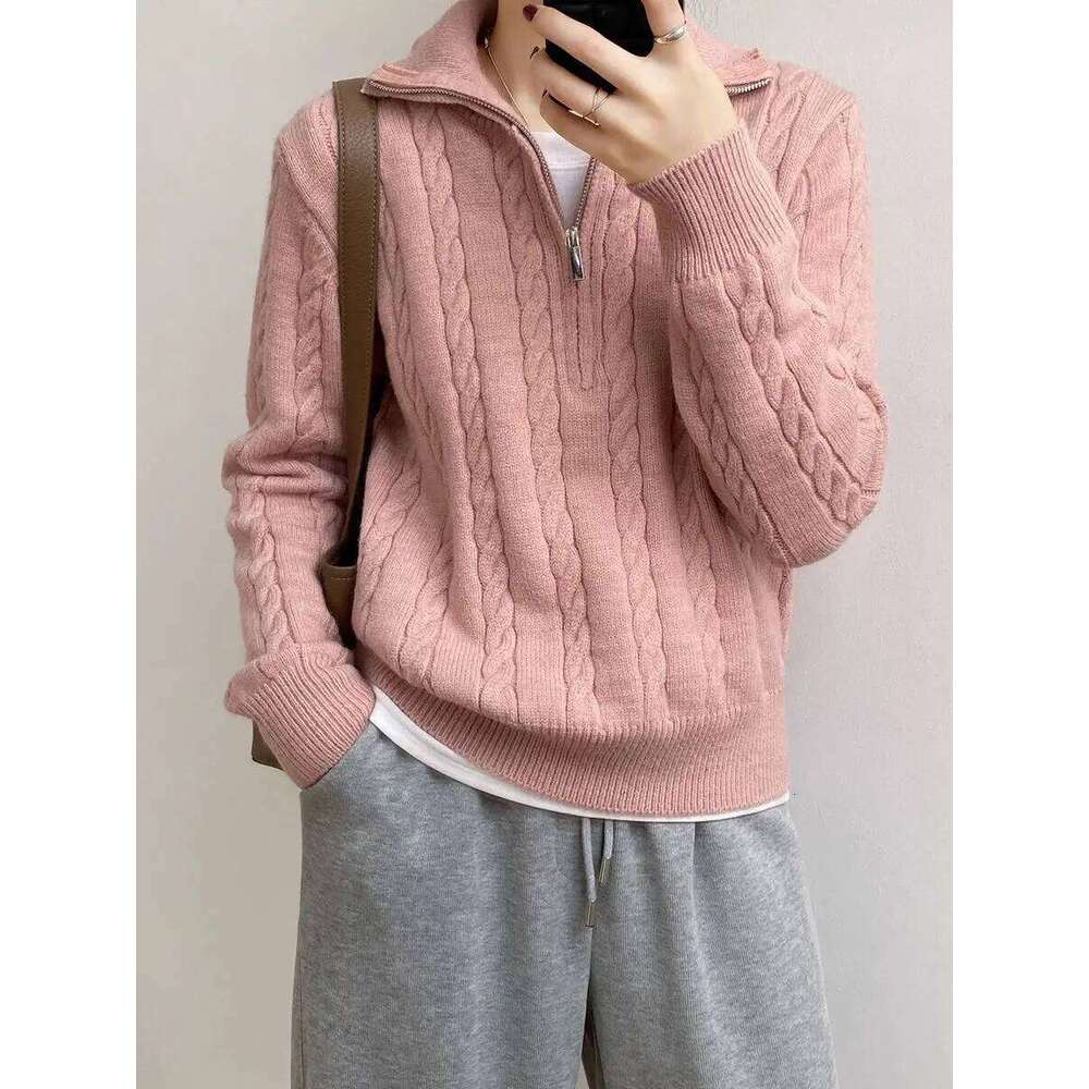Vintage Cable Knit Half Zip Sweater Women Autumn Winter Thick Lapel Loose Fit Versatile Long Sleeve Cozy Casual Pullover Top Z260313