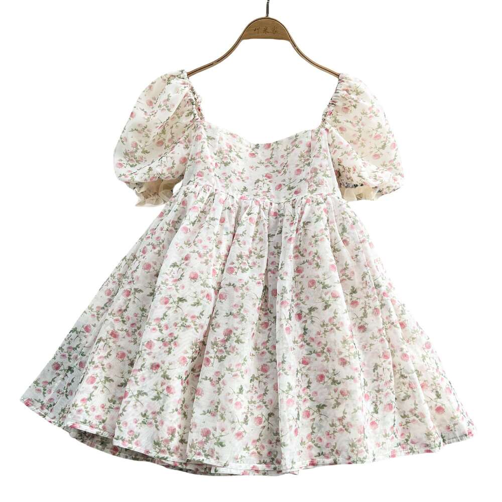 First Love A12 Sweet Flower Square Neck Women's Bubble Sleeve Summer Waist Slimming Fluffy Big Bottom Dress 2026