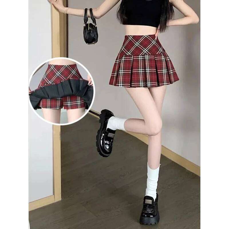 Summer Lady Slim Fit Thin Wrap Hip Girls Korean High Waist A-line New Female Coffee Plaid Skirts Z260314