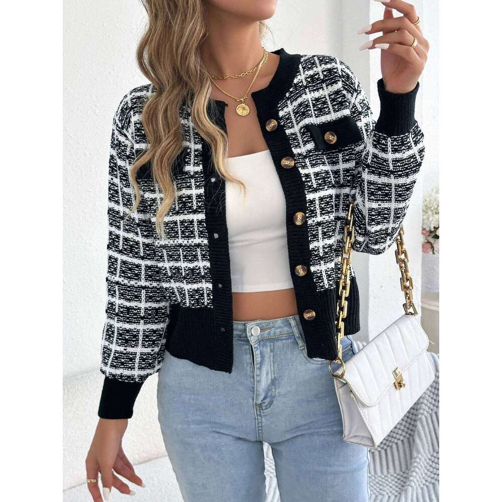 2025 Elegant Contrast Color Plaid Knitted Cardigan Sweater Single Breasted Lantern Long Sleeve Coats Women Autumn Winter Casual Z260314