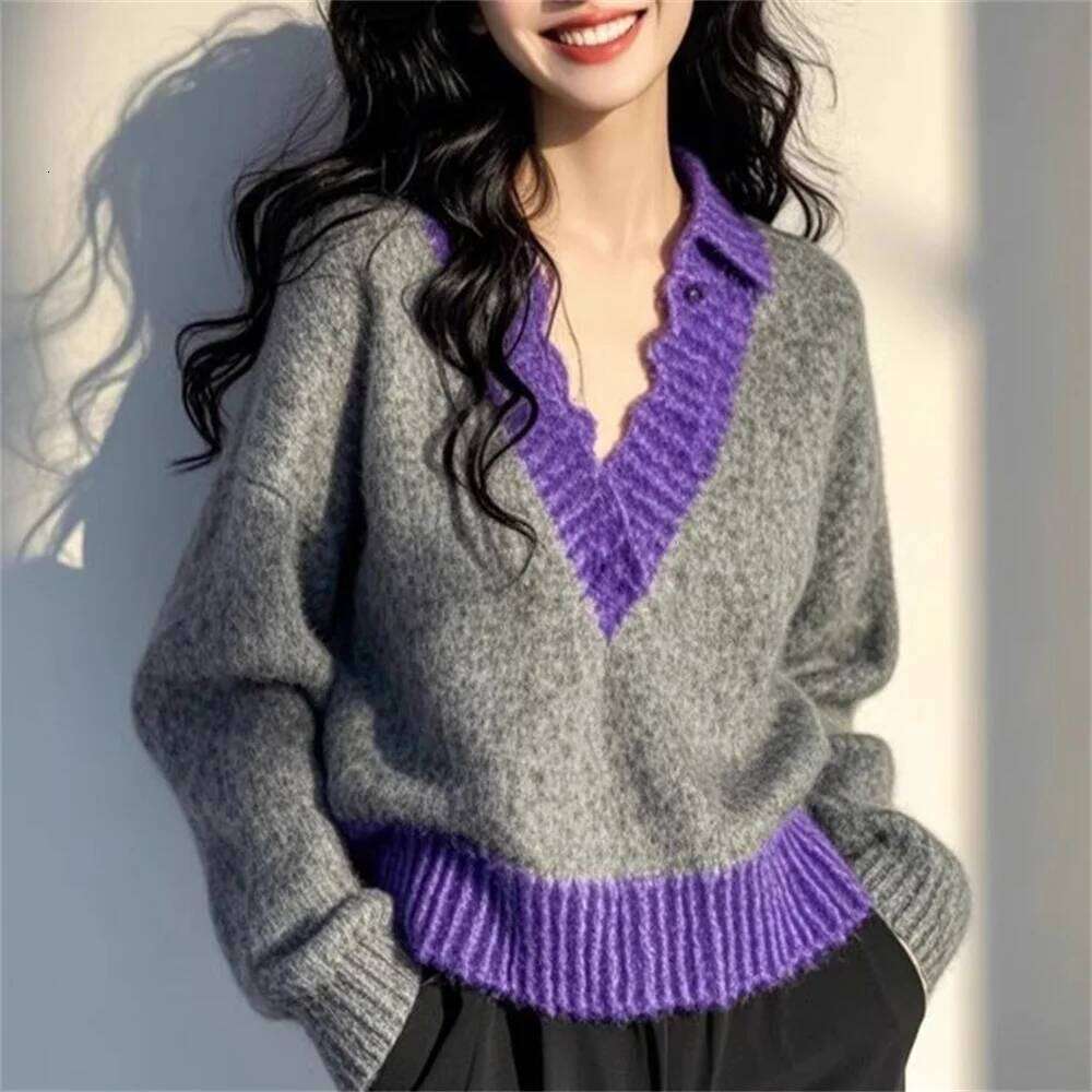 Women Knit Spring Autumn Clothing High Quality Elegant Beautiful Sweater Tops Purple Patchwork V-neck Loose Coat Z260314