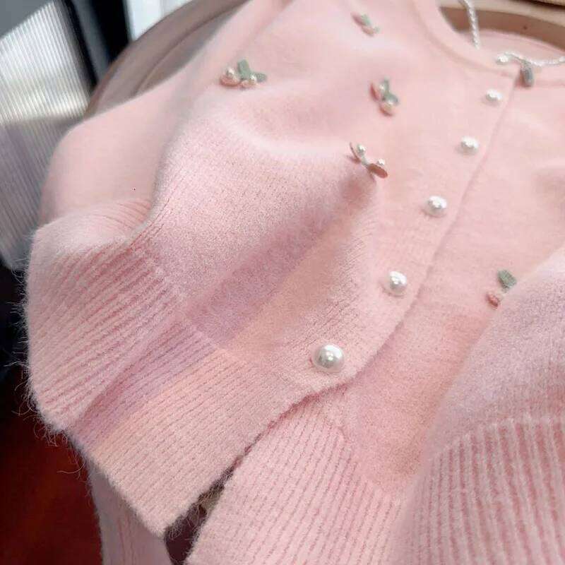 Pink Sweet Pearls Decorate Sweater Cardigan Woman Korean Fashion Print O Neck Knitwear Women Long Sleeve All Match Knitted Tops Z260313