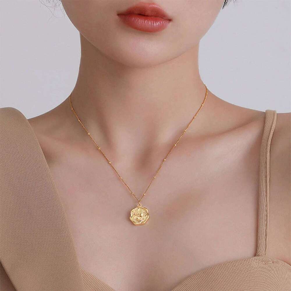 Coin Pendant Flower Necklace for Women,Satellite Chain Link, Stainless Steel 14k Gold Plated Jewelry Not Fade H260312
