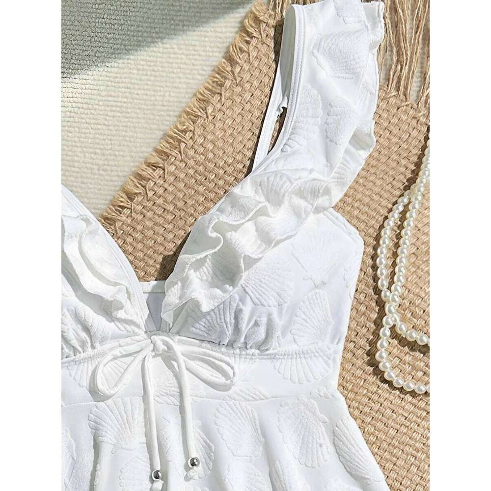 2026 Ruffle Tankini Two Pieces Solid Swimsuit Women Shell White Swimwear Female Bathers Bathing Swimming Swim Suit Beachwear 26H0313