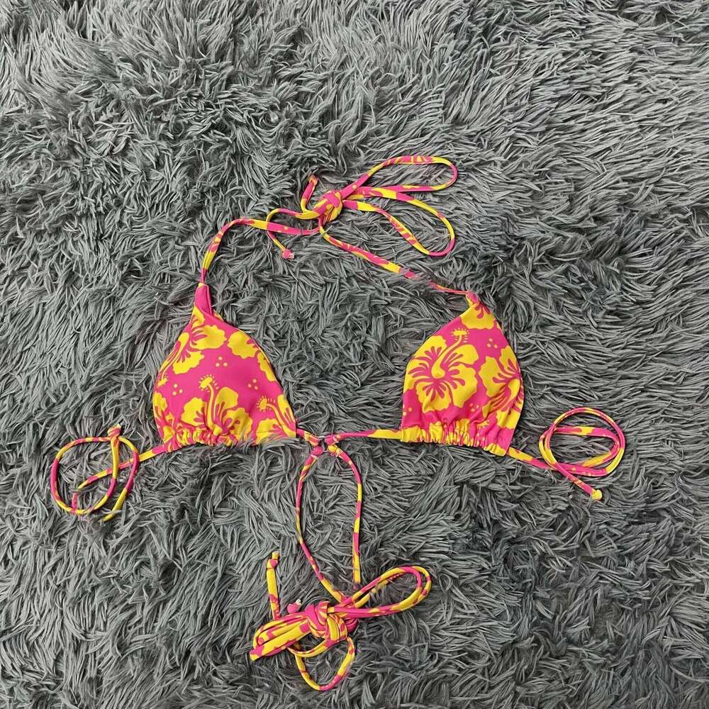 Retro Flower Print Bikini Sexy Women Swimsuits Two Piece Swimsuit Deep V Three Point Top Gathered Drawstring Bra Hot Girl Thong Y260303