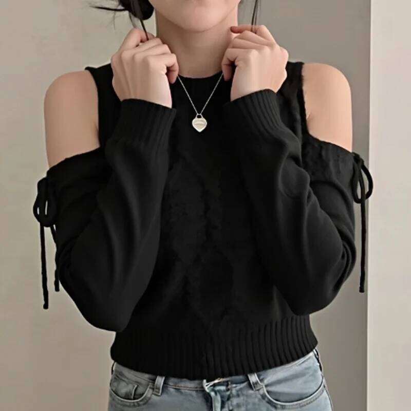 Casual O Neck Long Sleeve Knitted Tops Y2k Off Shoulder Pullover Elegant Solid Sweater Autumn Winter Korean Lace Up Knitwear Z260314